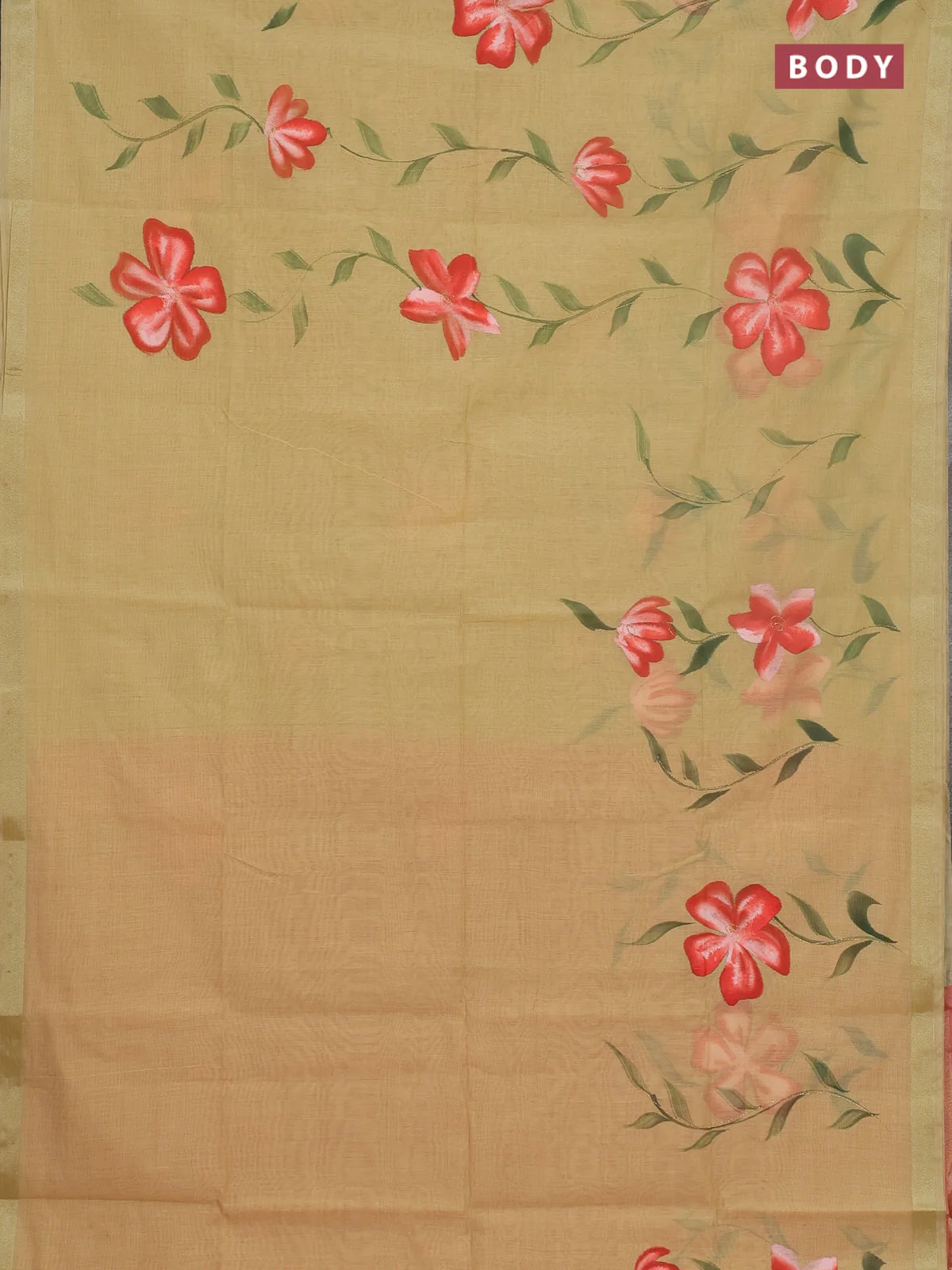 Linen Floral Hand Paint Printed Cotton Saree - Sandal and Peach Shade